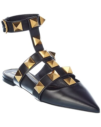 Valentino Roman Stud Leather Ankle Strap Flat Women